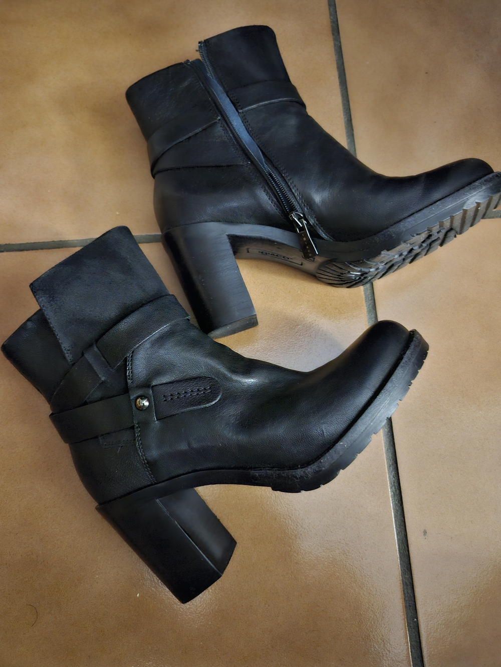 Women's Black Leather Block Heel Ankle Booties with Strap Detail